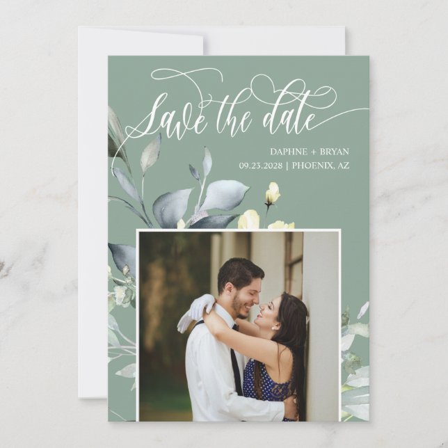 Elegante Sage Green Blätter QR Code Foto Hochzeit Save The Date (Vorderseite)