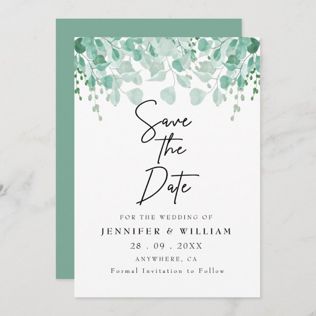Elegante Sage Green Botanical Wedding Save the Dat Einladung (Vorne/Hinten)