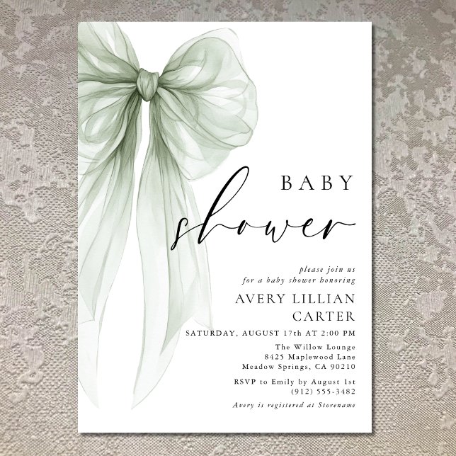 Elegante Sage Green Bow Baby Shower Einladung (Von Creator hochgeladen)