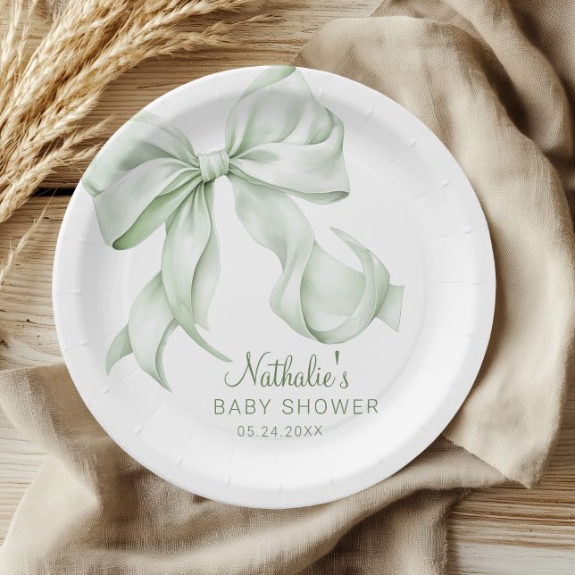 Elegante Sage Green Bow Baby Shower Pappteller (Von Creator hochgeladen)