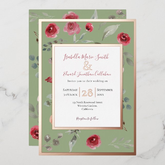 Elegante Sage Green Burgundy Rose Rose Gold Folieneinladung (Vorderseite/Rückseite)