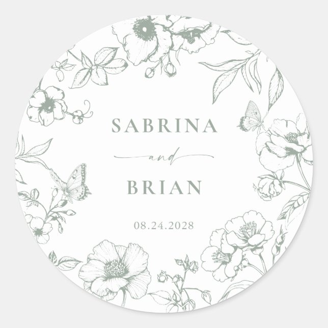 Elegante Sage Green Classic Floral Wedding Runder Aufkleber (Vorderseite)