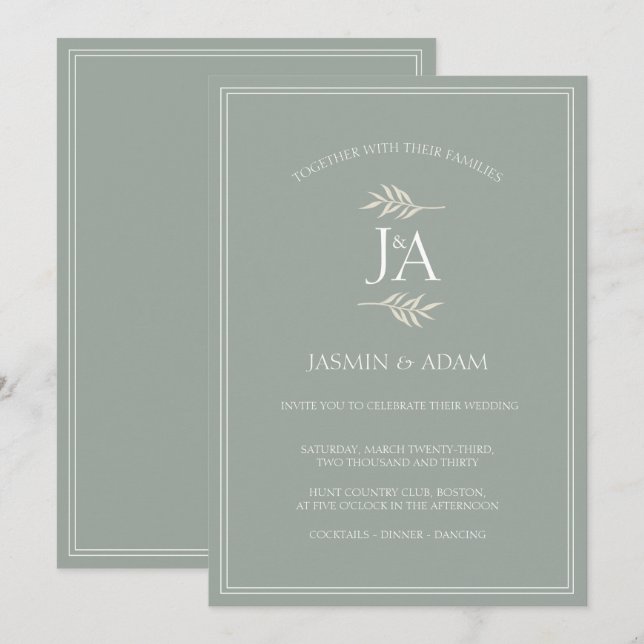 Elegante Sage Green Classic Hochzeiten Einladung (Vorne/Hinten)