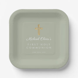 Elegante Sage Green Cross Erste Heilige Kommune Pappteller