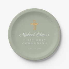 Elegante Sage Green Cross Erste Heilige Kommune Pappteller