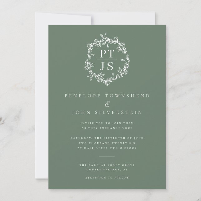 Elegante Sage Green Double Monogram Wedding Einladung (Vorderseite)