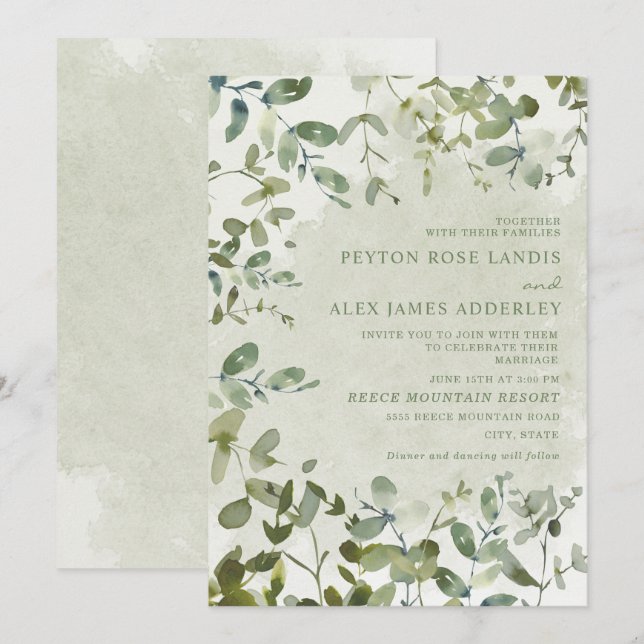 Elegante Sage Green Eucalyptus Botanische Hochzeit Einladung (Vorne/Hinten)