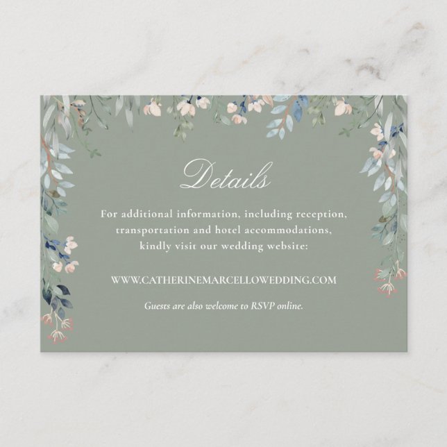 Elegante Sage Green Floral Cacsacde Hochzeit Detai Begleitkarte (Vorderseite)