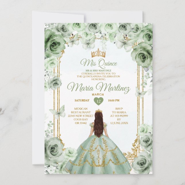 Elegante Sage Green Floral & Gold Quinceñera Einladung (Vorderseite)