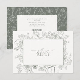 Elegante Sage Green Floral Line Art Wedding QR Cod RSVP Karte