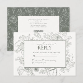 Elegante Sage Green Floral Line Art Wedding RSVP Karte