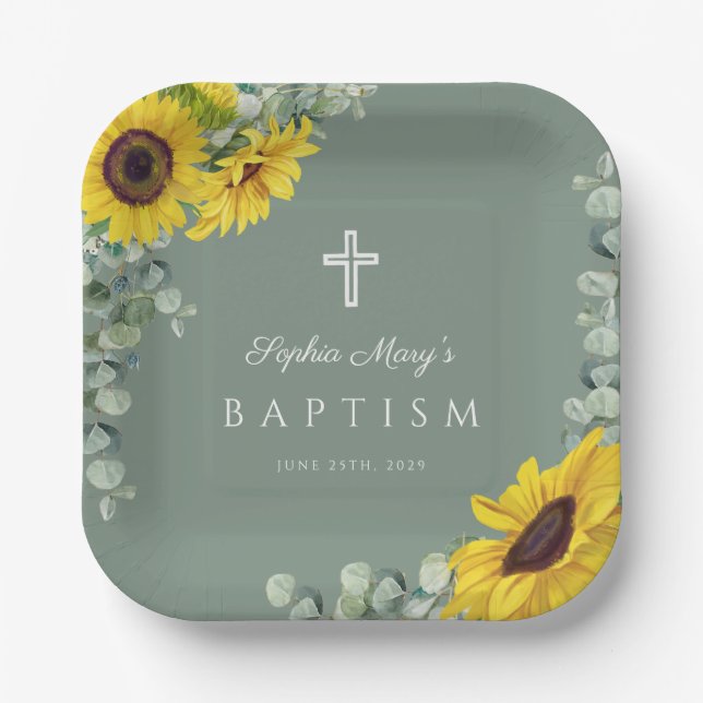 Elegante Sage Green Floral Taufe Pappteller (Vorderseite)