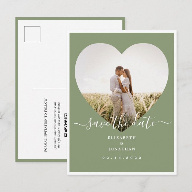 Elegante Sage Green Foto Hochzeit speichern das Da Ankündigungspostkarte (Vorne/Hinten)