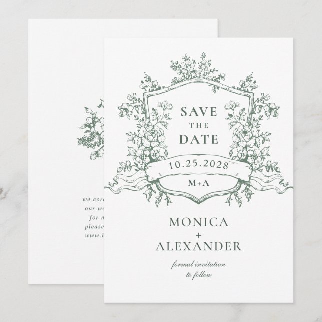 Elegante Sage Green French Garden Blume Hochzeit Save The Date (Vorne/Hinten)