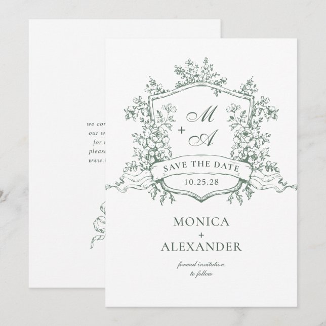 Elegante Sage Green French Garden Blume Hochzeit Save The Date (Vorne/Hinten)