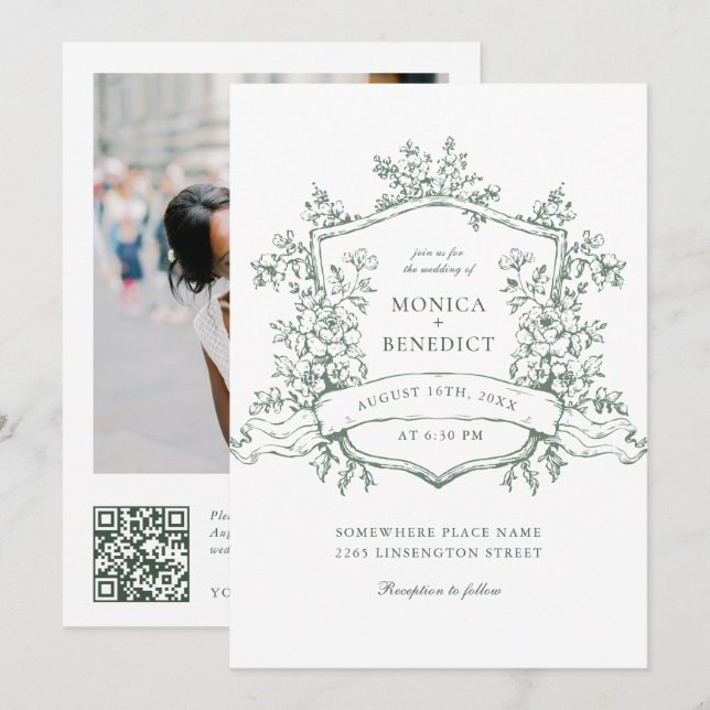 Elegante Sage Green French Garden Wedding QR Code Einladung (Vorne/Hinten)
