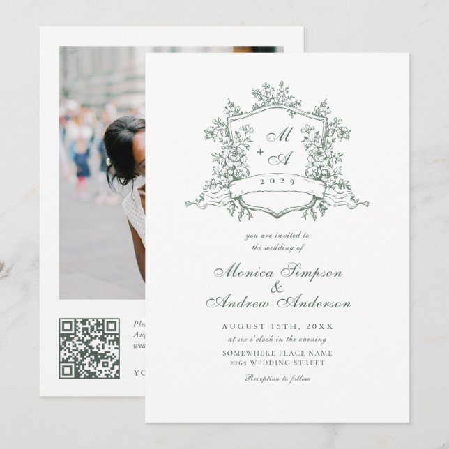 Elegante Sage Green French Garden Wedding QR Code Einladung (Vorne/Hinten)
