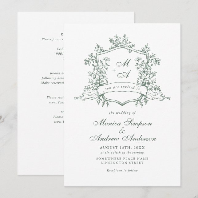 Elegante Sage Green French Rose Garden Wedding Einladung (Vorne/Hinten)