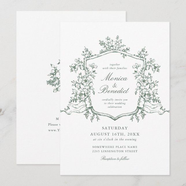 Elegante Sage Green French Rose Garden Wedding Einladung (Vorne/Hinten)