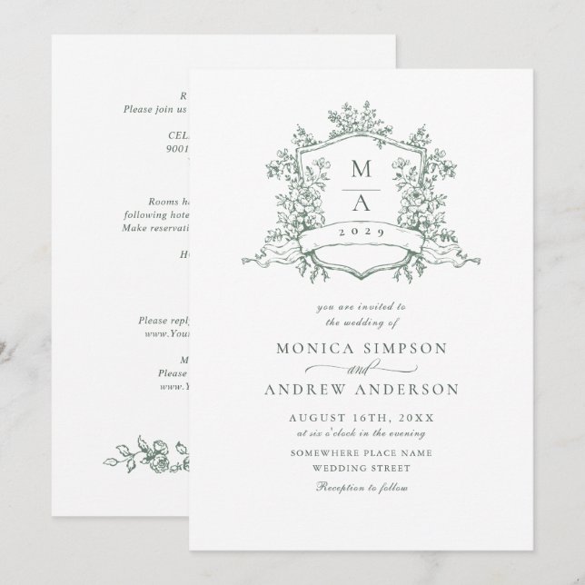 Elegante Sage Green French Rose Garden Wedding Einladung (Vorne/Hinten)
