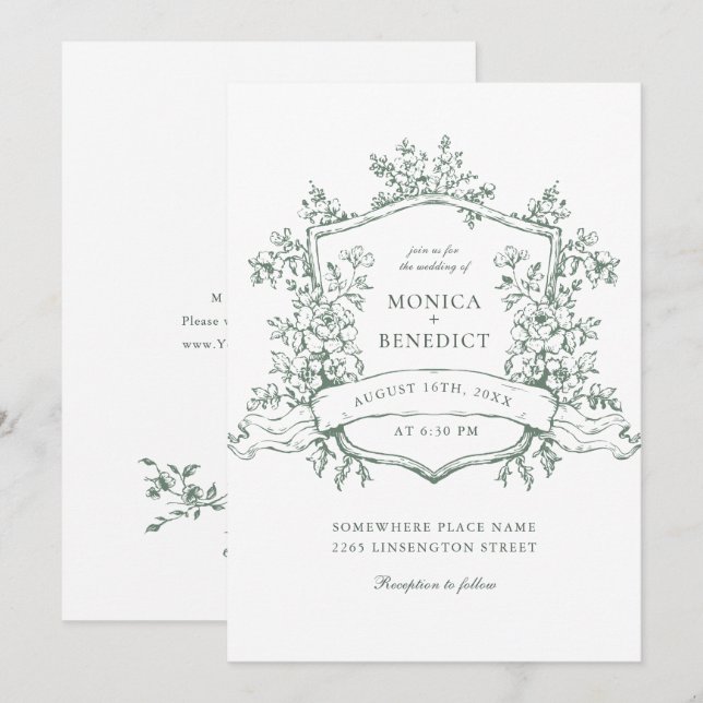 Elegante Sage Green French Rose Garden Wedding Einladung (Vorne/Hinten)
