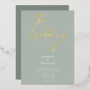 Elegante Sage Green Gold Calligraphy Script Weddin Folieneinladung