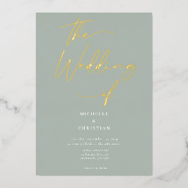 Elegante Sage Green Gold Calligraphy Script Weddin Folieneinladung