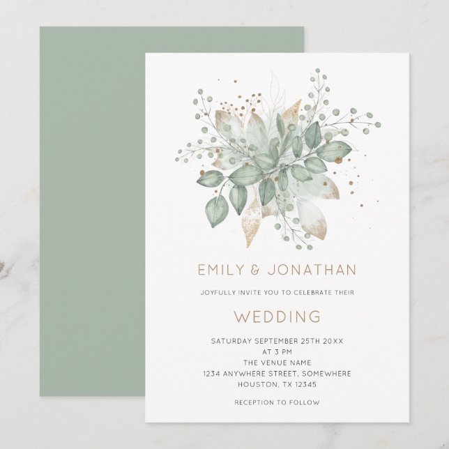 Elegante Sage Green Gold Foliage Hochzeit Einladun Einladung (Vorne/Hinten)