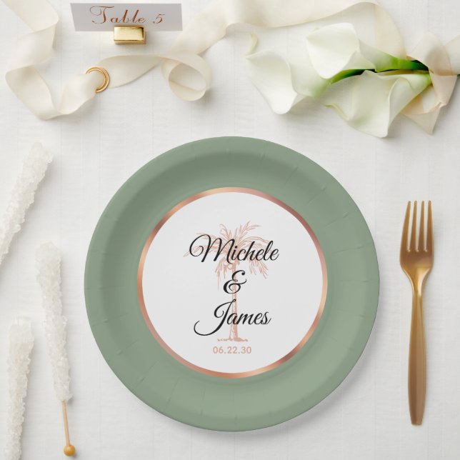 Elegante Sage Green Gold Palm Tree Tropische Hochz Pappteller (Hochzeit)