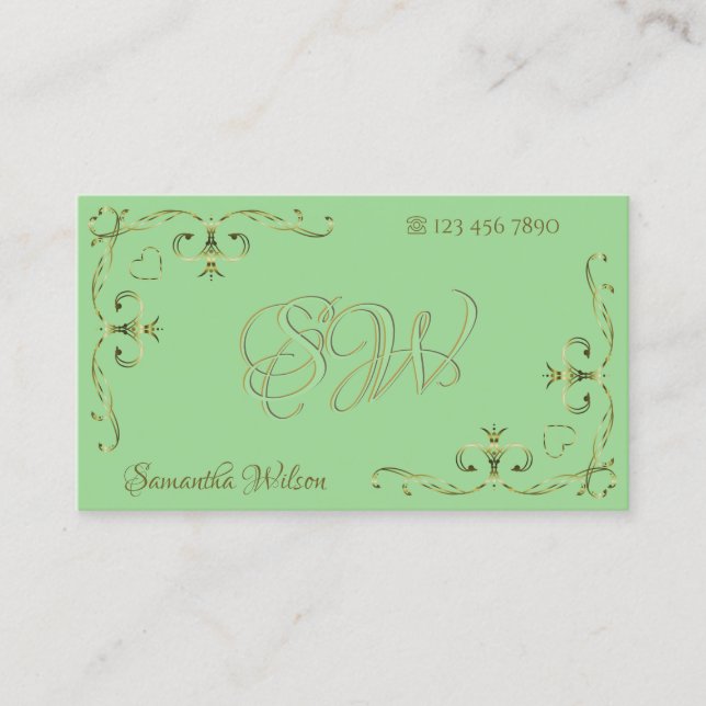 Elegante Sage Green Golden Verziert Corners Initia Visitenkarte (Vorderseite)