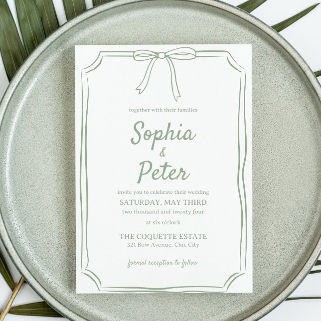 Elegante Sage Green Hand Gezeichnet Bow Timeless W Einladung (Invite guests to your special day with this soft sage green wedding invitation—simple and timeless.)