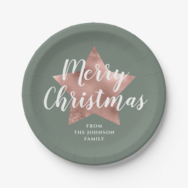 Elegante Sage Green Imitate Gold Star Frohe Weihna Pappteller (Vorderseite)