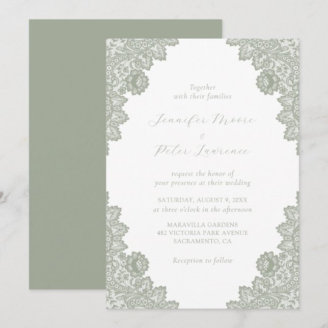 Elegante Sage Green Lace Hochzeit Einladung (Vorne/Hinten)