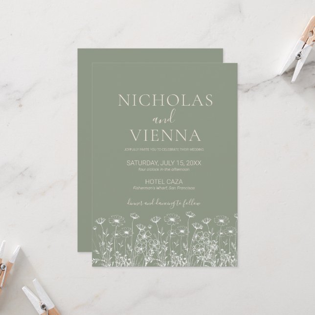 Elegante Sage Green Minimalistisch Boho Floral Wed Einladung (Vorderseite/Rückseite Beispiel)