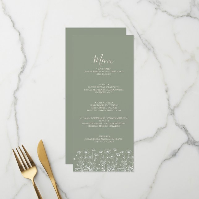 Elegante Sage Green Minimalistisch Boho Floral Wed Menükarte (Vorderseite/Rückseite Beispiel)