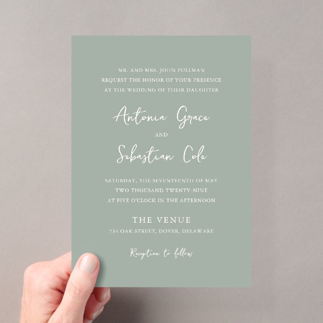 Elegante Sage Green Moderne Hochzeit Acryleinladungen (Insitu (Handheld))