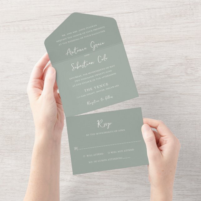 Elegante Sage Green Moderne Hochzeit All In One Einladung (Abreißen)