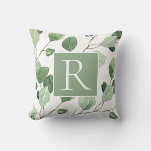 Elegante Sage Green Monogram Blätter Kissen