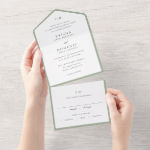 Elegante Sage Green Monogram Modern Wedding All In One Einladung