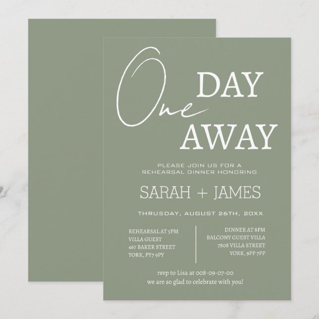 Elegante Sage Green One Day Away Probe Dinner Einladung (Vorne/Hinten)