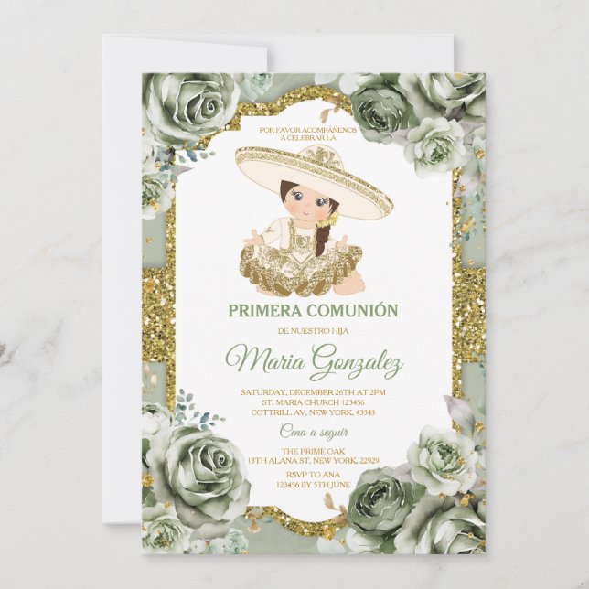 Elegante Sage Green Primera comunión NIEDLICH Girl Einladung (Vorderseite)