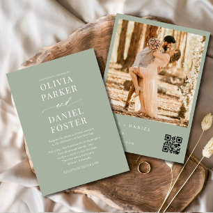 Elegante Sage Green QR Code Foto Hochzeit Einladung