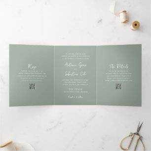 Elegante Sage Green QR Code Moderne Hochzeit Dreifach Gefaltete Einladung