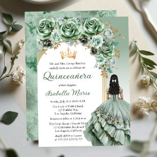Elegante Sage Green Rose Floral Quinceañera Party Einladung