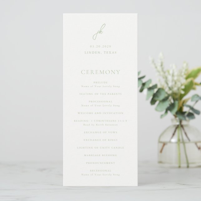 Elegante Sage Green Script Monogram Wedding Programm (Stehend Vorderseite)