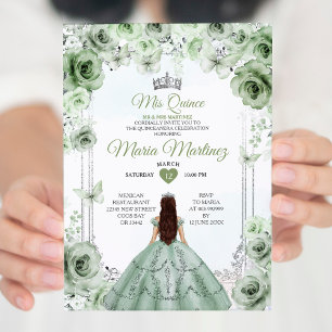 Elegante Sage Green & Silver Princess Mis Quince Einladung