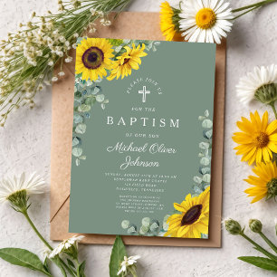 Elegante Sage Green Sunflower Cross Taufe Einladung