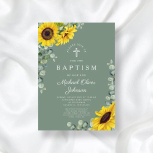 Elegante Sage Green Sunflower Cross Taufe Einladung