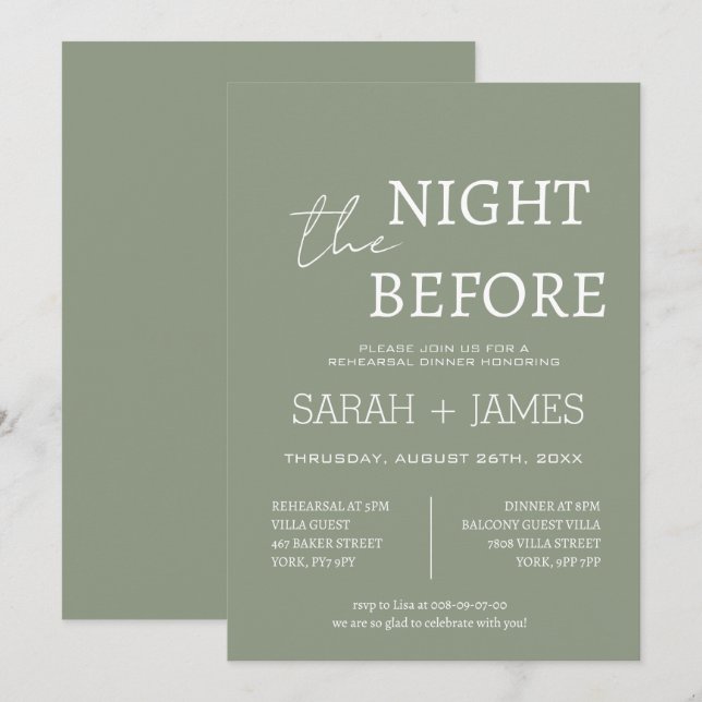 Elegante Sage Green The Night Before Dinner Weddin Einladung (Vorne/Hinten)
