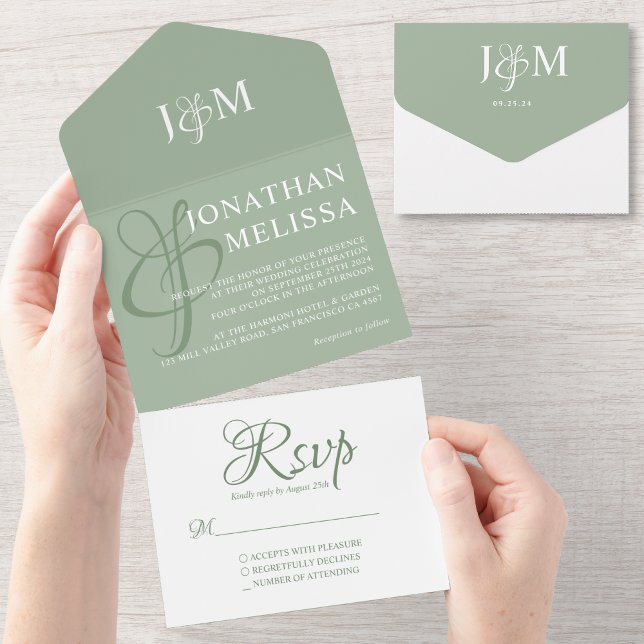 Elegante Sage Green und White Monogram Wedding All In One Einladung (Von Creator hochgeladen)